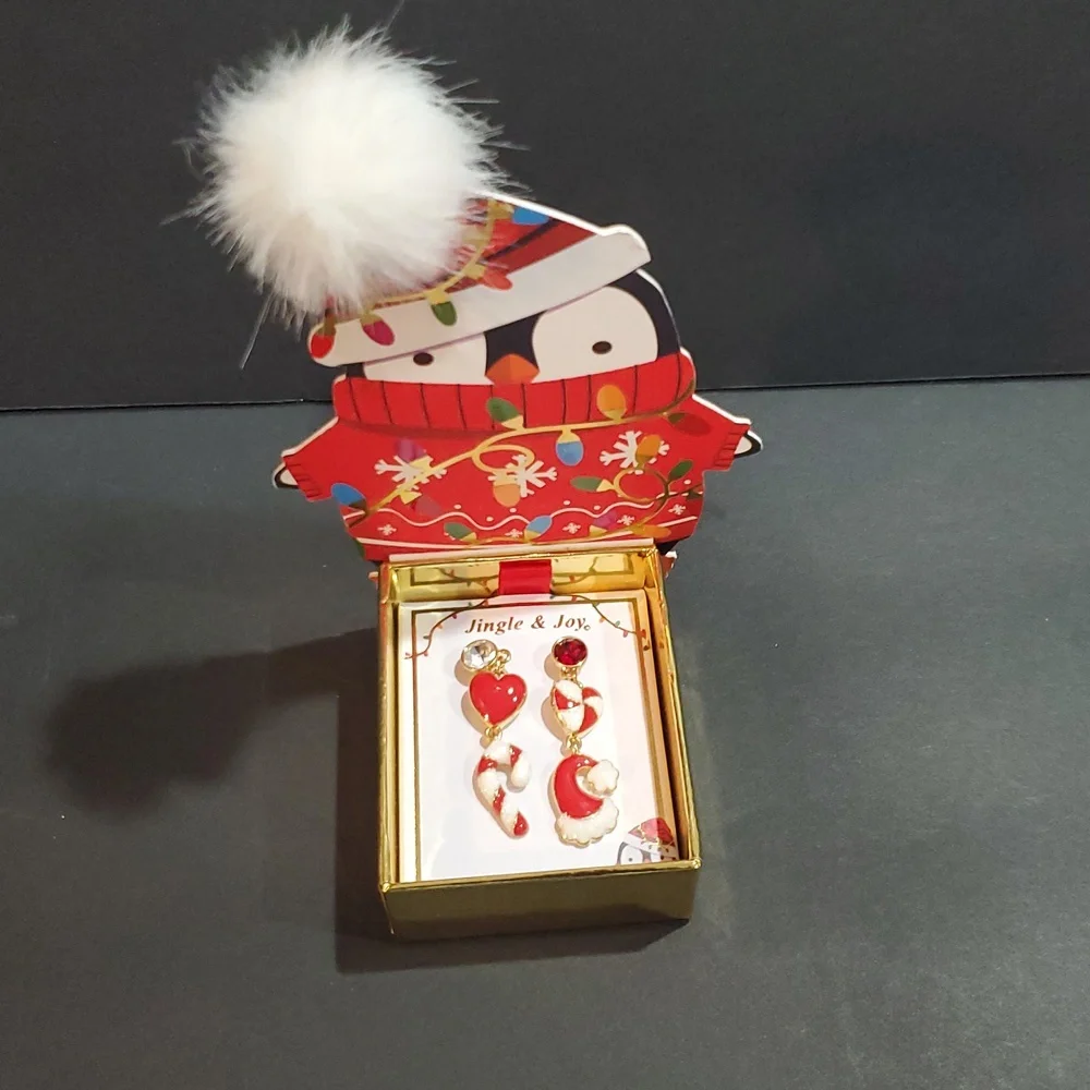 Red white Christmas holiday festive ruby cz topped‎ mismatched dangle earrings
